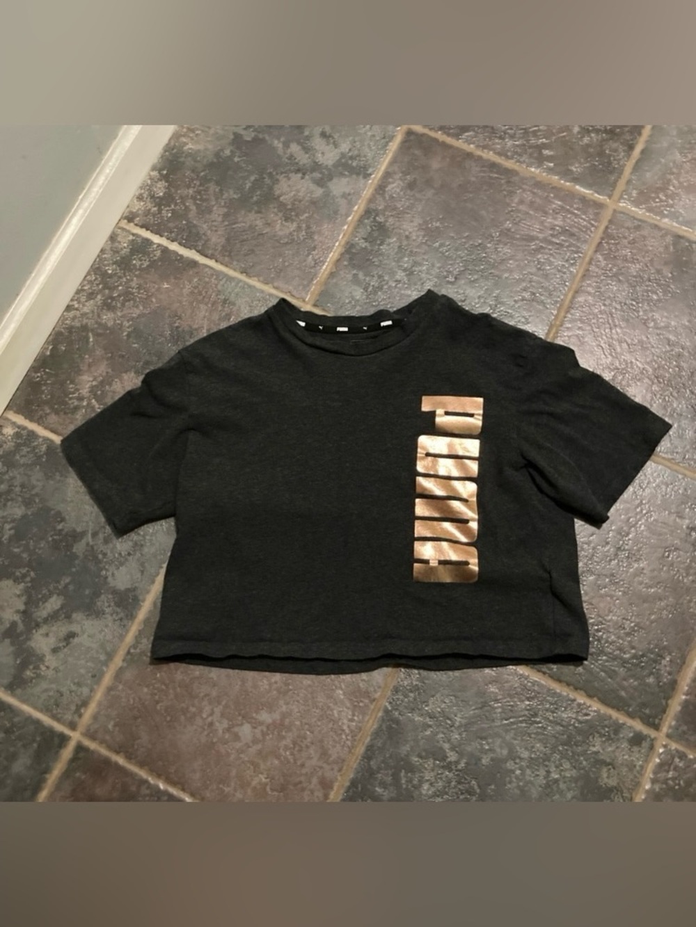 PUMA Cropped Black and Gold Print T-Shirt Size M
